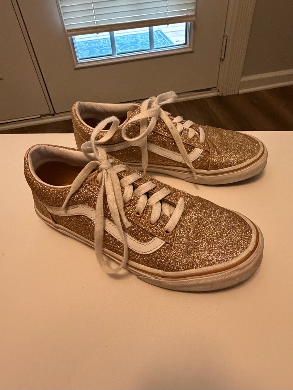 Gold Glitter Low-Top Sneakers with White Stripe